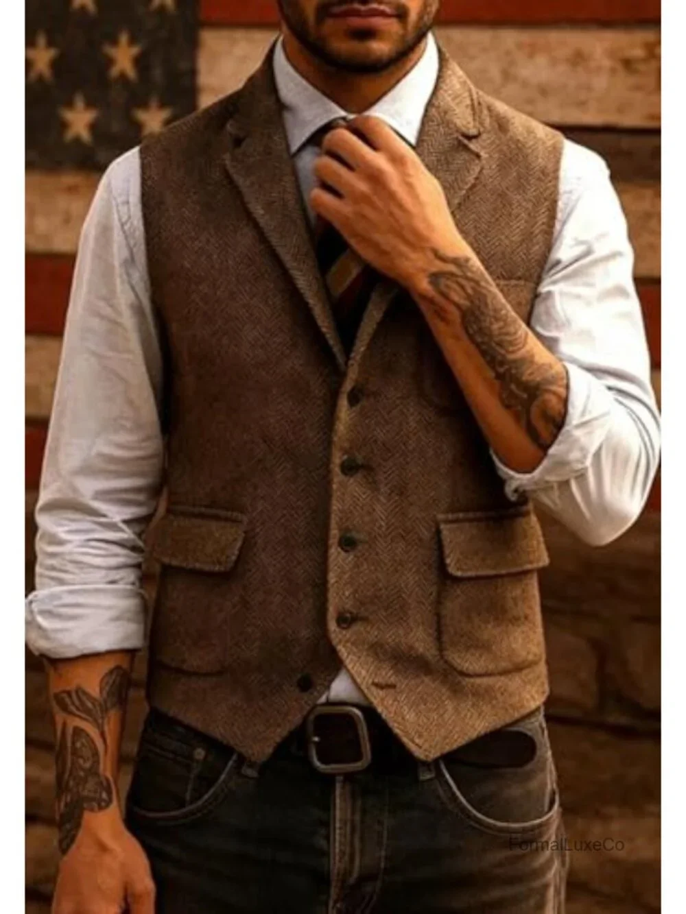 Men's Herringbone Tweed Suit Vest, Sleeveless Waistcoat for Weddings & Business